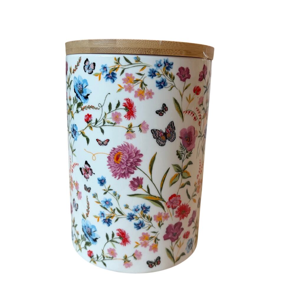 Grace Teaware Porcelain Canister w/ Wooden Lid Spring Floral Butterflies 8in NEW - Picture 11 of 15